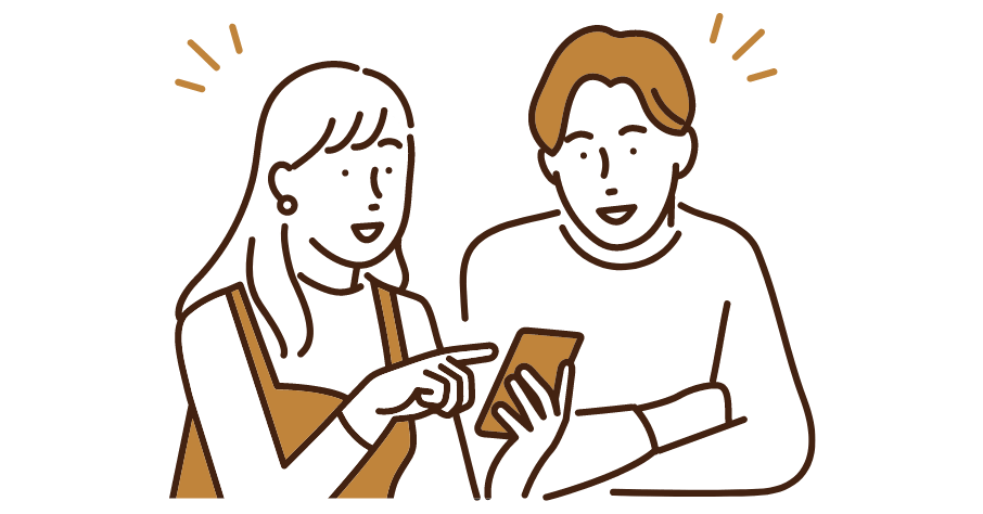 スマホ画面を指差して説明する女性と、それを見ている男性のイラスト