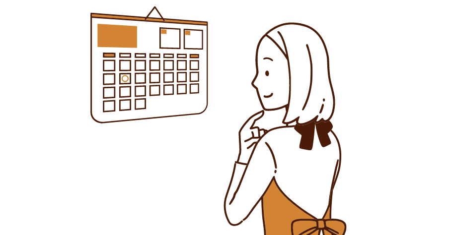 壁掛けカレンダーを確認しながら考えている女性のイラスト